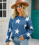 Autumn Winter Pullover Office Elegant round Neck plus Size Five Pointed Star Knit tagram Mesh Red Sweater Boucle
