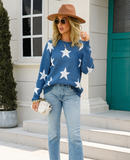 Autumn Winter Pullover Office Elegant round Neck plus Size Five Pointed Star Knit tagram Mesh Red Sweater Boucle