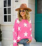 Autumn Winter Pullover Office Elegant round Neck plus Size Five Pointed Star Knit tagram Mesh Red Sweater Boucle
