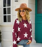 Autumn Winter Pullover Office Elegant round Neck plus Size Five Pointed Star Knit tagram Mesh Red Sweater Boucle