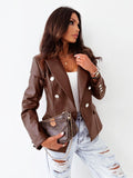 New Long Sleeve Double Breasted Fashionable Faux Leather Jacket