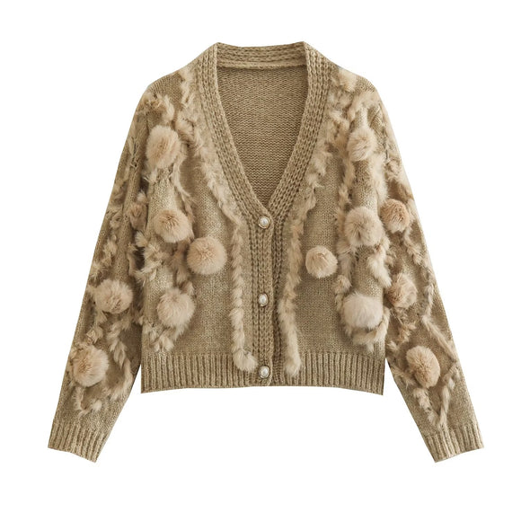 Three Dimensional Fur Ball Mink like Long Sleeved Knitted Cardigan Autumn All Matching V neck Sweater Coat