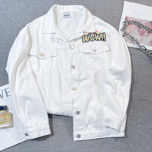 New White Flocked Bear Denim Coat Women Loose Versatile Top Fashion