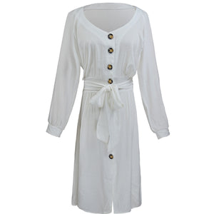 Women Dress Long Sleeve V-neck Buttons Lace-up Solid Color Sexy Loose plus Size Dress