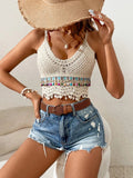 Women Summer Vacation Colorful Tassel Hanging Beads Hand crocheted Hollow Sling Top