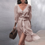 Women Dress Long Sleeve V-neck Buttons Lace-up Solid Color Sexy Loose plus Size Dress