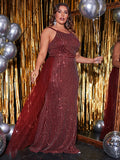 Plus Size Sequin Sling Double Shoulder Strap Sleeveless Mesh Stitching Prom Evening Dress
