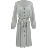 Women Dress Long Sleeve V-neck Buttons Lace-up Solid Color Sexy Loose plus Size Dress