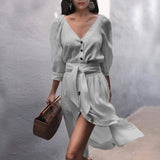 Women Dress Long Sleeve V-neck Buttons Lace-up Solid Color Sexy Loose plus Size Dress
