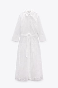Women  Embroidered Maxi Dress Spring Summer Blouse Collar Dress  with Belt