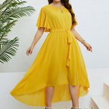 Popular Summer Yellow V neck Lace up Waist Controlled Dress Women