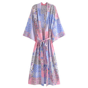 Bohemian Spring Vacation Women Turquoise Positioning Printing Lace up Rayon Kimono Women