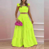 Summer Elegant Sexy Solid Color Mid Waist Sling Large Swing Two Piece Suit