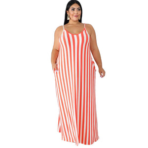 Plus Size Women Striped Loose Strap Dress with Belt Summer