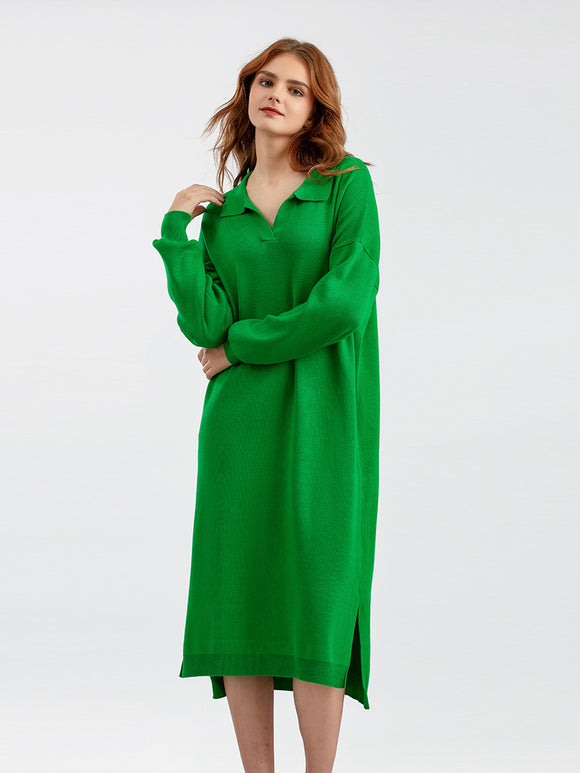 Autumn Winter Polo Collar Base Knitting Loose Solid Color Women Dress