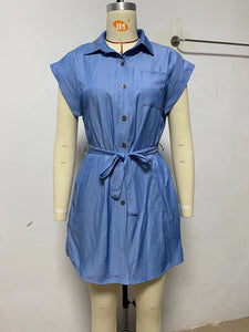 Casual Solid Color Waist Tight Women Denim Long Shirt