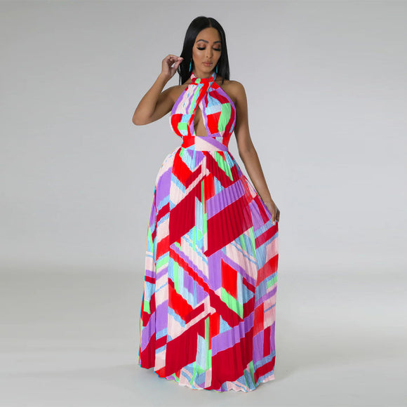 Women Clothing Halter Backless Pleated Large Swing Dress Printed Sleeveless Dress