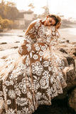 Women Clothing Deep V Plunge Mesh Embroidered Puff Sleeve Backless Dress