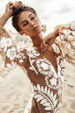 Women Clothing Deep V Plunge Mesh Embroidered Puff Sleeve Backless Dress