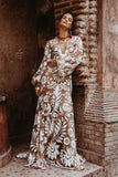 Women Clothing Deep V Plunge Mesh Embroidered Puff Sleeve Backless Dress