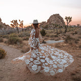 Women Clothing Deep V Plunge Mesh Embroidered Puff Sleeve Backless Dress