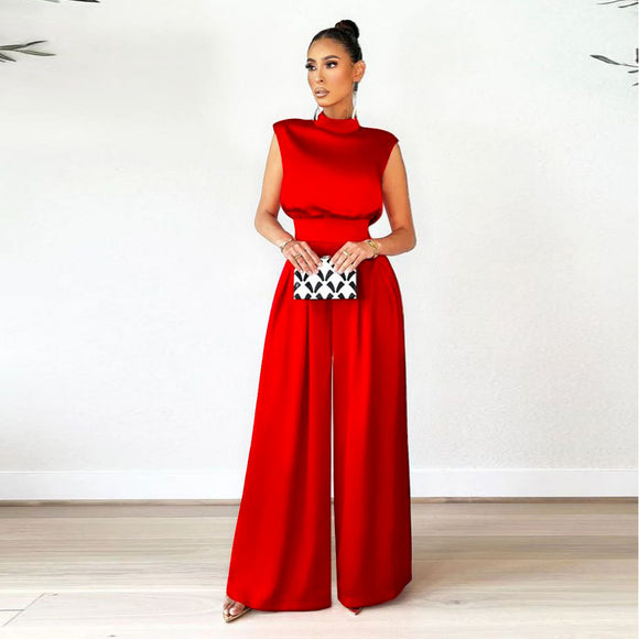 Women Clothing Fashionable Wide Leg Pants Solid Color Turtleneck Sleeveless Fitted Waist Jumpsuit No Belt