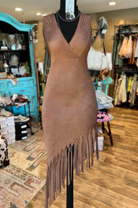 Ladies Party Dress Suede Tassel Hem V Neck Sleeveless Dress
