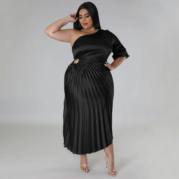 Women Clothing Spring Sexy Oblique Shoulder Drawstring Pleated Dress
