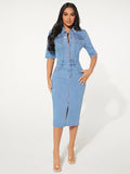 Slim Fit Stretch Sexy Elastic Breasted Denim Hip Wrapped Dress One Piece Midi Dress One Step Dress