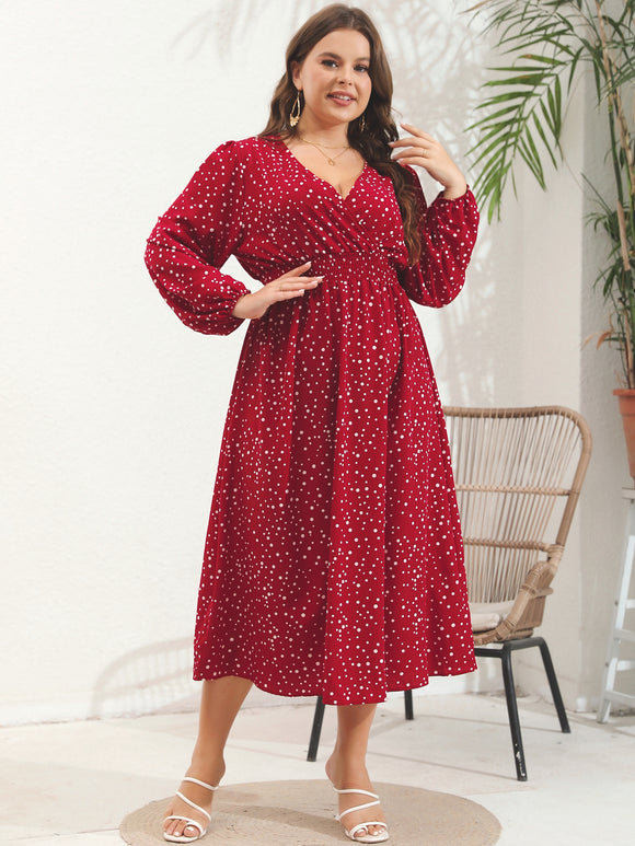 Plus Size Women V Neck Polled Long Sleeve Dress
