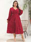 Plus Size Women V Neck Polled Long Sleeve Dress