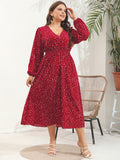 Plus Size Women V Neck Polled Long Sleeve Dress