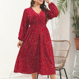 Plus Size Women V Neck Polled Long Sleeve Dress