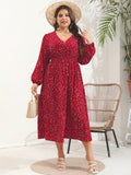 Plus Size Women V Neck Polled Long Sleeve Dress