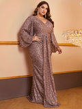 plus Size Ladies Cocktail Dress Sequined Long Sleeve V-neck Pleated Dress Hip Dress
