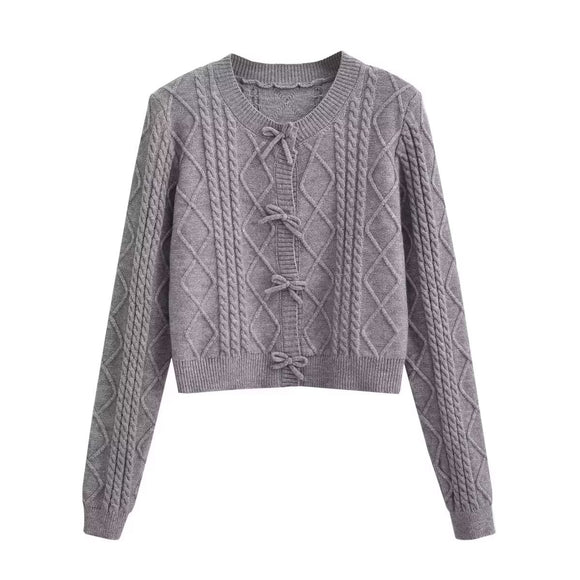 Korean Bow Design Solid Color Soft Glutinous Small Fresh Sweater O Neck Short Slim Fit Sweet Sweater Women