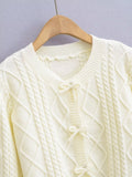 Korean Bow Design Solid Color Soft Glutinous Small Fresh Sweater O Neck Short Slim Fit Sweet Sweater Women