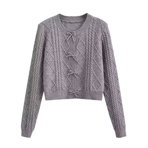 Korean Bow Design Solid Color Soft Glutinous Small Fresh Sweater O Neck Short Slim Fit Sweet Sweater Women
