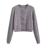 Korean Bow Design Solid Color Soft Glutinous Small Fresh Sweater O Neck Short Slim Fit Sweet Sweater Women
