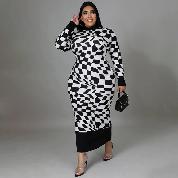 Women Round Neck Plaid Printed Long Sleeved Elegant Dress