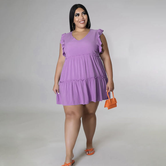 plus Size Summer Women Clothes Solid Color Casual V neck Sleeveless Ruffled Pleated Short Dress