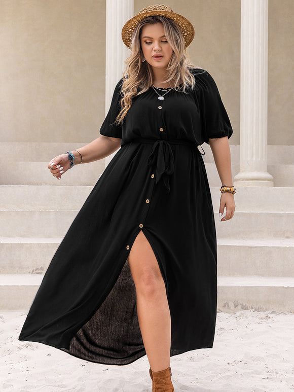 Plus Size All Matching Waist Half Open round Neck Retro Women Dress