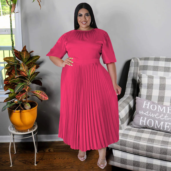 Plus Size Women Clothes Autumn Winter Popular Pleated round Neck Maxi Dress Short Sleeve