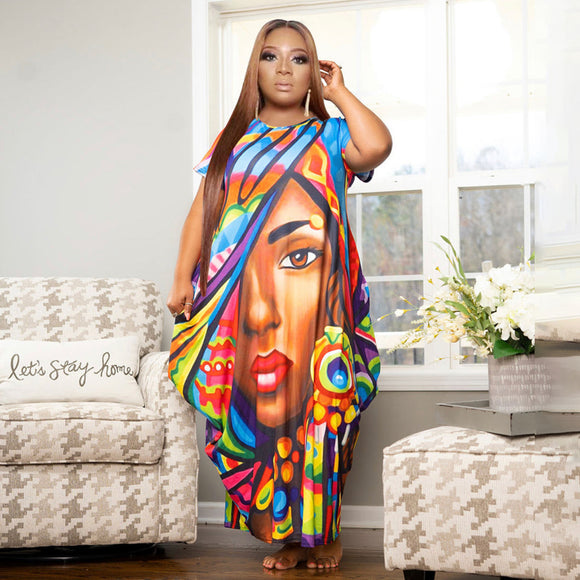 Plus Size Women Clothing Positioning Printing with Pockets Loose Dress for Women