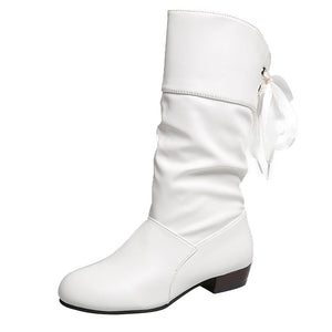 Autumn Winter Knight Boots Low Heel round Head Slingback Warm Mid Calf Boots for Women