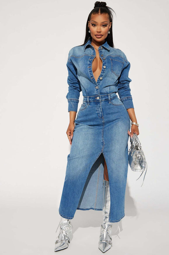 Women Wear Long Sleeve Denim Trench Coat Cardigan Denim Cloak Dress