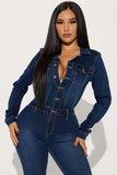 Women Slim Stretch Trumpet Wash Long Sleeve Denim Jumpsuit Jumpsuit