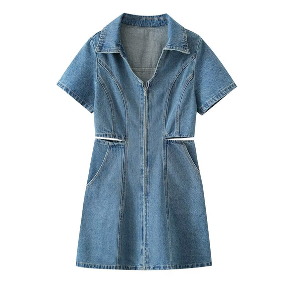 Retro Hong Kong Casual Mid Length Younger Denim Dress Women Summer