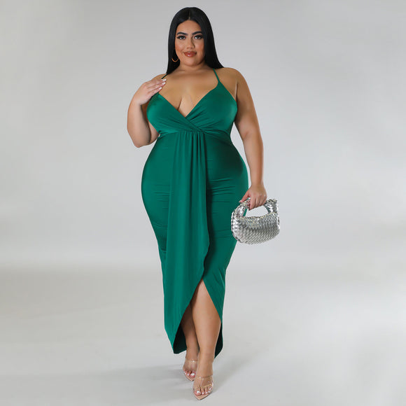 Plus Size Women Clothing Adjustable Shoulder Strap Sleeveless V Neck Stretch Dress