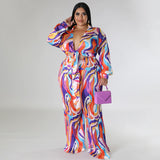 Autumn Winter Color Printing Deep V Plunge Lace up Long Sleeve Pleated Pants Two Piece Suit